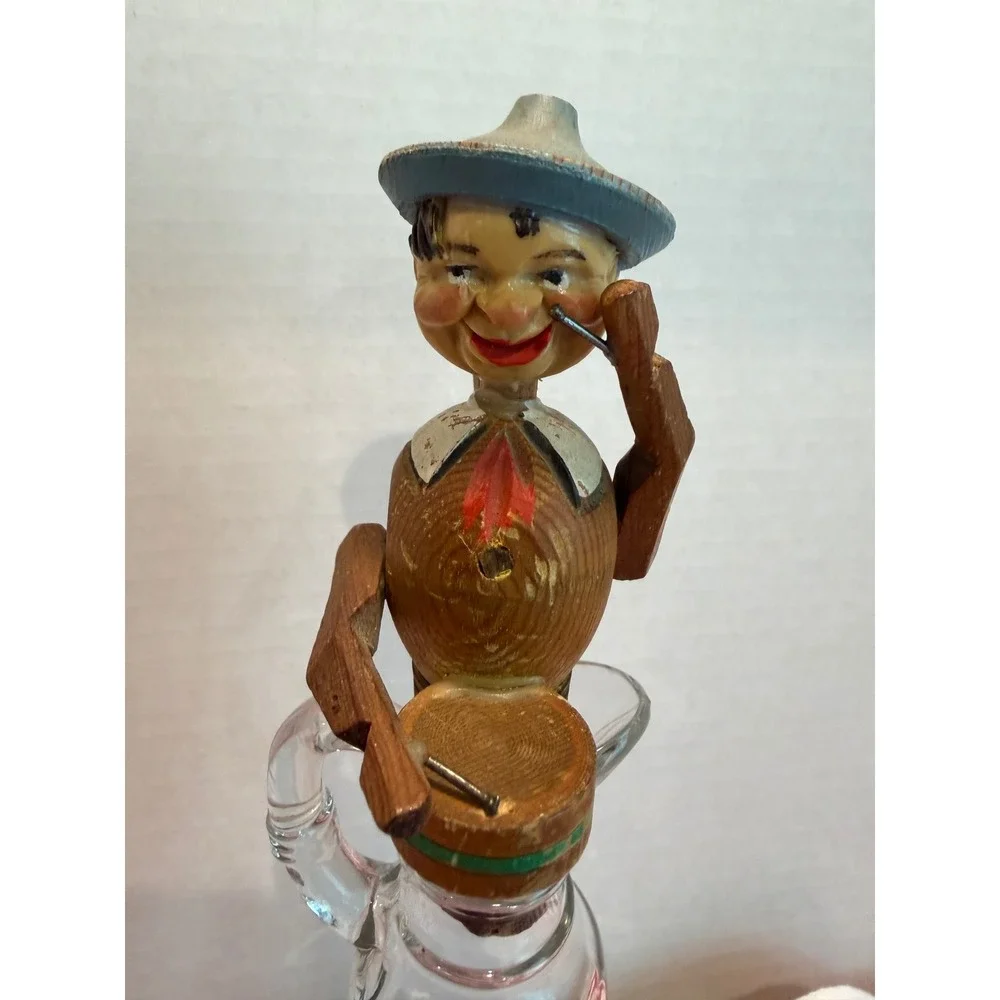Vintage Hand Carved Wood Mechanical Drummer Bottle Stopper Anri Style Folk Art